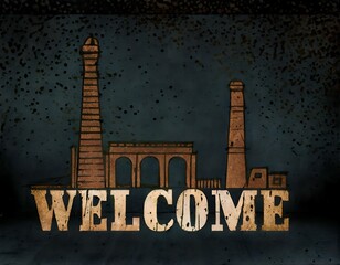 rustic industrial welcome sign with buildings and smokestacks