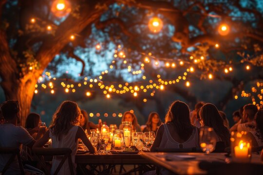 Friends gathered around a festive table outdoor, enjoying a meal under warm string lights at dusk