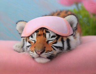 close-up photo of sleepy tiger cub taking a nap with a pale pink sleep mask. concept of rest and relaxation. 