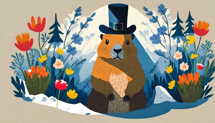 flat vector-style illustration of a groundhog wearing a top hat surrounded by snowy winter and spring flowers