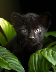 panther cub surrounded by green tropical foliage with a dark background
