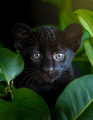 macro photo of a panther cub surrounded by big green leaves with a dark background