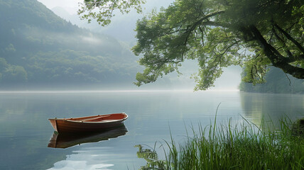 A picturesque lakeside view with a rowboat gently gliding on calm waters.