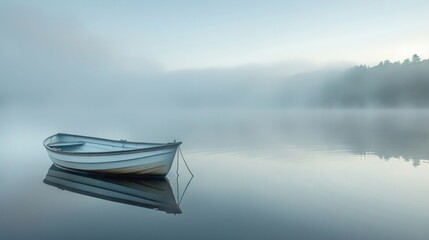 A boat floats still on a serene lake, shrouded in a veil of morning fog. - obrazy, fototapety, plakaty