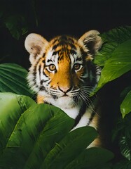 tiger cub surrounded by green tropical foliage with a dark background