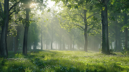 A peaceful forest clearing with sunlight filtering through trees. - obrazy, fototapety, plakaty