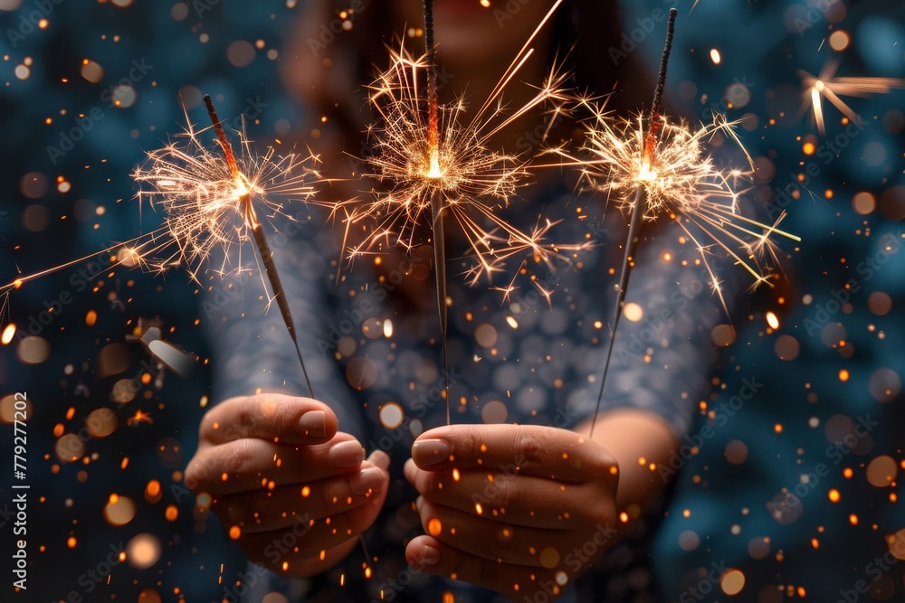 Poster close-up image capturing the jubilant mood with vibrant sparklers held in hands against a bokeh dark