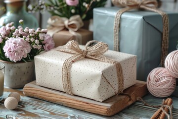 Fototapeta na wymiar Detail-oriented photo featuring a beautifully wrapped gift in a rustic, vintage inspired setting