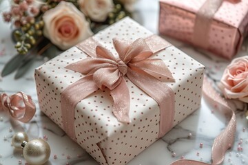 Obraz na płótnie Canvas High-quality image displaying a present wrapped in pastel paper with a stylish, luxurious bow on top
