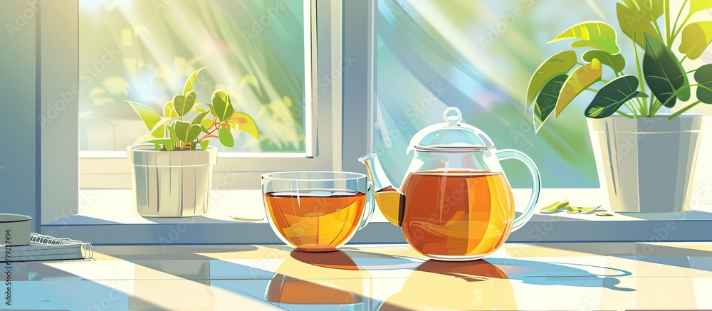 Sticker an amber liquid fills the glass teapot on the table by the window, with a cup of orange drinkware be