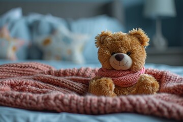 Charming image of a teddy bear with a pink scarf sitting on a chunky knitted pink blanket