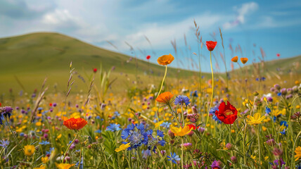 A vibrant array of wildflowers swaying gently in a summer breeze against a backdrop of rolling hills.