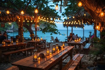 An enchanting twilight scene at a beachfront restaurant with hanging lights and a serene vibe