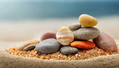 Fototapeta na wymiar Wallpaper Pile colorful rounded sea pebbles and sand, rocks isolated on white