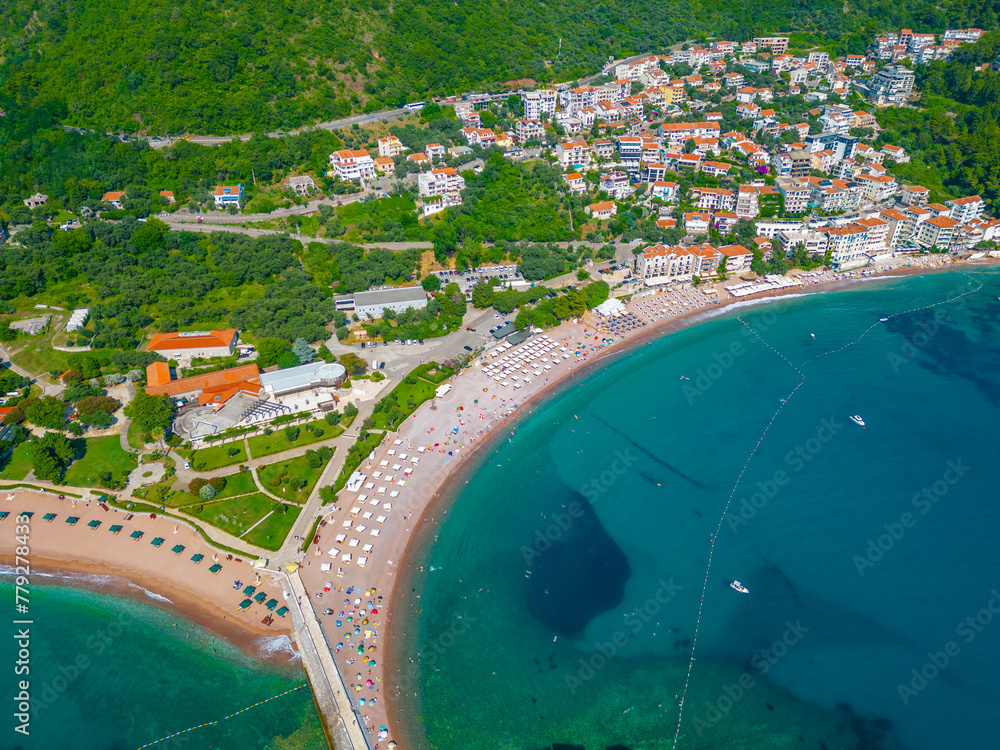 Sticker Aerial view of a beach in Sveti Stefan, Montenegro