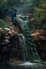 Obraz premium Vibrant peacock, a stunning display of nature's beauty, showcasing the colorful plumage and elegant presence of this majestic, a symbol of grace and elegance.