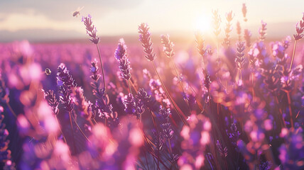 A sunlit field of lavender stretching to the horizon, with bees buzzing among the fragrant blooms.