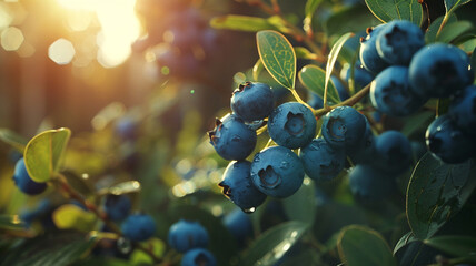A cluster of ripe blueberries growing on a bush in a sun-dappled forest. - Powered by Adobe
