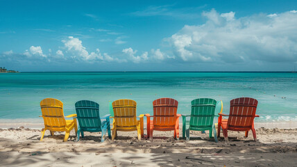 A colorful row of beach chairs facing the turquoise waters of the ocean.