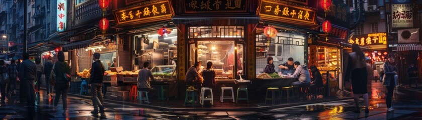 Panoramic street food scene with jiaozi baozi