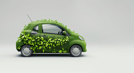 Eco-friendly car covered with lush green leaves on isolated light pastel grey background with space for copy
