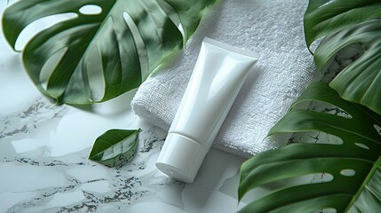 Plastic tube for cosmetics lying between tropical leaves on wicker table top view Package mockup. Blank label for branding mock-up. Natural beauty product concept.