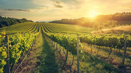 A sunlit vineyard with rows of grapevines stretching into the distance. - obrazy, fototapety, plakaty