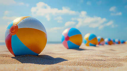A colorful row of beach balls resting on the warm sand.