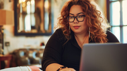 Closeup small business owner plus size caucasian woman using laptop in cafe