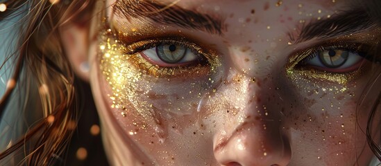 Close-up view of a woman's face adorned with shimmering gold glitter, creating a dazzling and radiant look