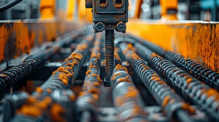 Close-up on the mechanical process of an automatic rebar tying tool in action, revolutionizing rebar connection detail - obrazy, fototapety, plakaty