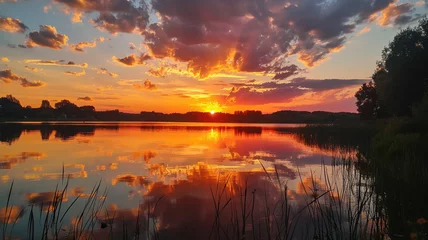 Papier Peint photo autocollant Réflexion A serene lake reflecting the vibrant hues of a fiery summer sunset.