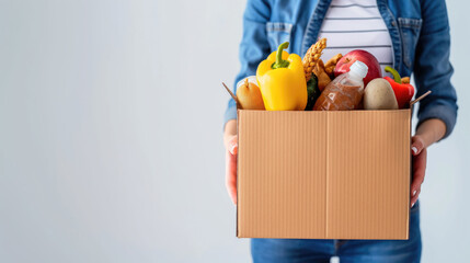 Closeup woman volunteer hands holding food donations box on isolated light grey background with space for copy - Powered by Adobe