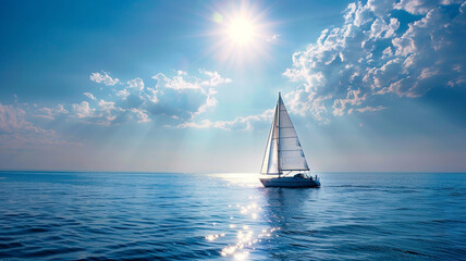A solitary sailboat drifting lazily on calm waters under the blazing summer sun.