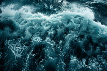 Storm at sea, aerial view of the waves of a raging ocean with foam and danger with copy space wallpaper - obrazy, fototapety, plakaty