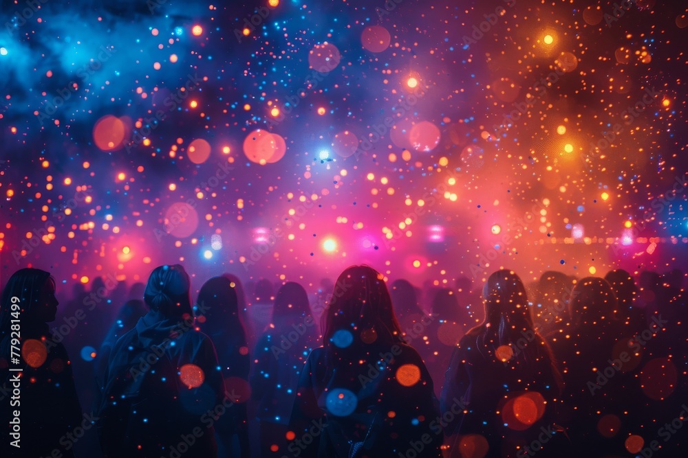 Poster a crowd immersed in an explosion of colorful lights creating a dreamlike spectacle at an event