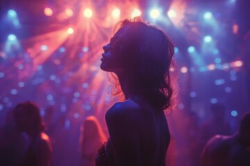 A silhouette of a woman with flowing hair lost in music amidst a dynamic, colorful nightclub light...