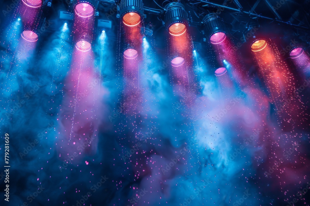 Poster the image captures a dramatic display of colorful stage lighting with smoke, creating an intense ent