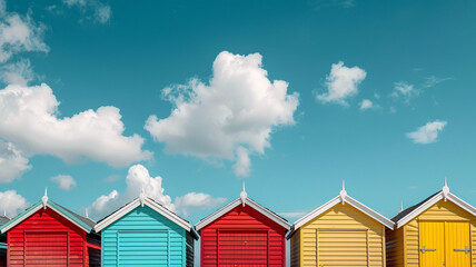 Fototapeta na wymiar A colorful row of beach huts standing against a bright blue sky.