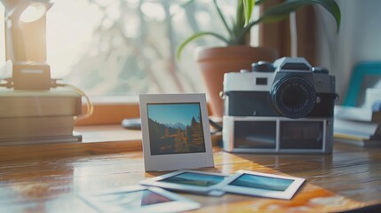 Polaroid Frames Mockup on Wooden Table - obrazy, fototapety, plakaty