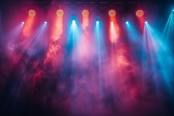 Featuring a theatrical arrangement of glowing stage lights set against a backdrop of fog, the image conveys a sense of spectacle