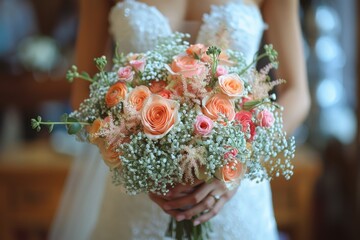 A beautiful bride holds a bouquet of roses and baby's breath, highlighting sentiment and matrimonial joy - Powered by Adobe