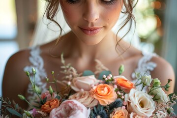 Close-up of a bride in her wedding dress holding a lavish and vibrant bouquet with a variety of...