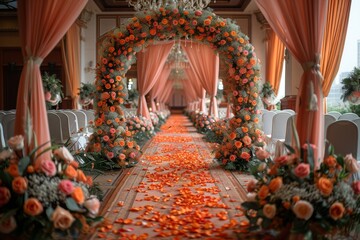 An opulent wedding walkway lined with white chairs and a floral arch, leading to the altar bathed in soft daylight - obrazy, fototapety, plakaty