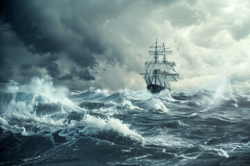 Ship sailing in stormy sea, dangerous vessel in raging ocean with copy space wallpaper