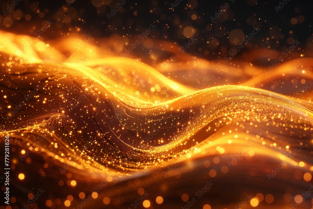 Poster this image captures the dynamic movement of a flowing golden fabric with light trails that add a sen