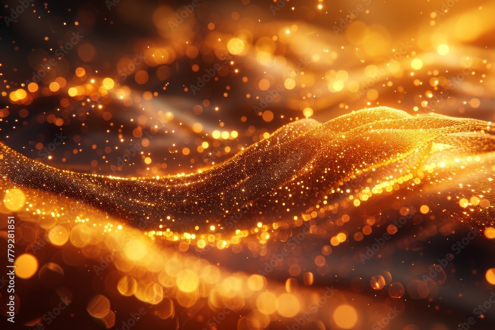 Poster a dazzling visual of a golden wave pattern that scintillates with sparkle, embodying fluidity and a 