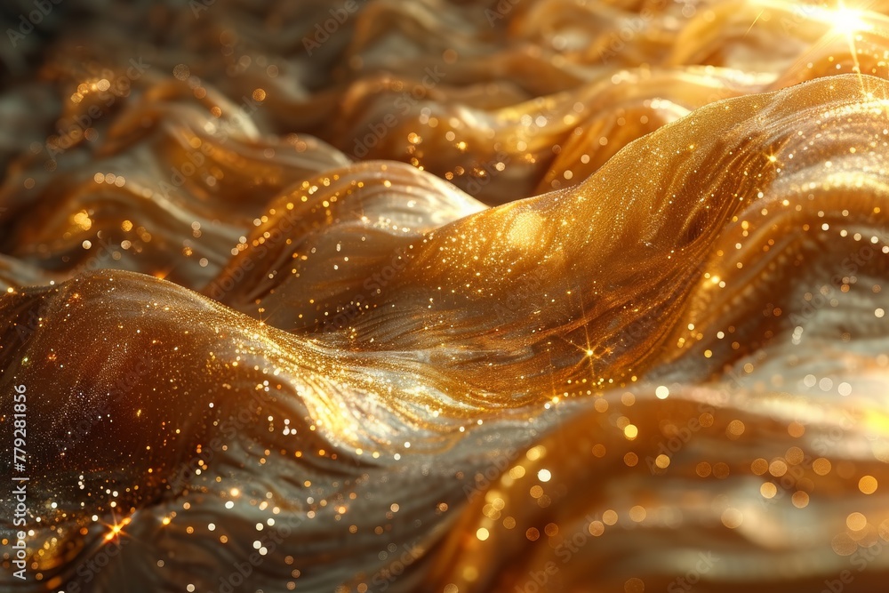 Poster close-up of golden fabric waves with sparkling bokeh lights creating a luxurious and festive texture