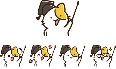 指差し棒を持つかわいい教授ねこの上半身デフォルメイラストセット