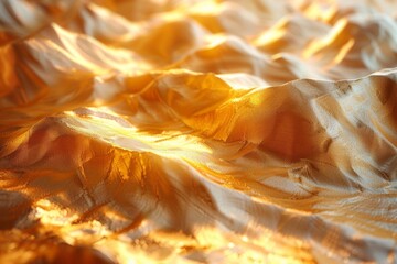 A detailed view of shimmering golden fabric illuminated by warm, natural sunlight giving a sense of...